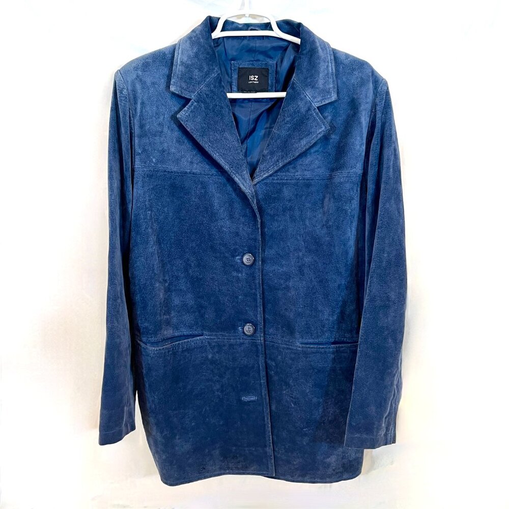 ISZ Leathers Blue Suede Long Button Down Jacket Size Medium